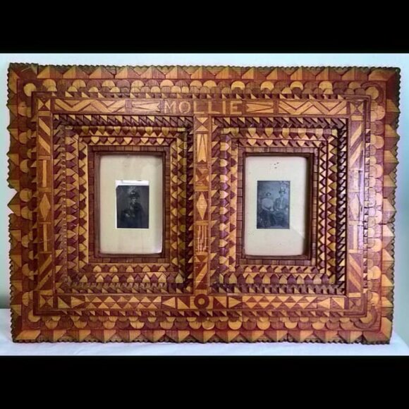 Antique Tramp Art Double Picture Frame Handmade Folk Art Cigar Boxes 28.5" Rusti - Picture 1 of 15